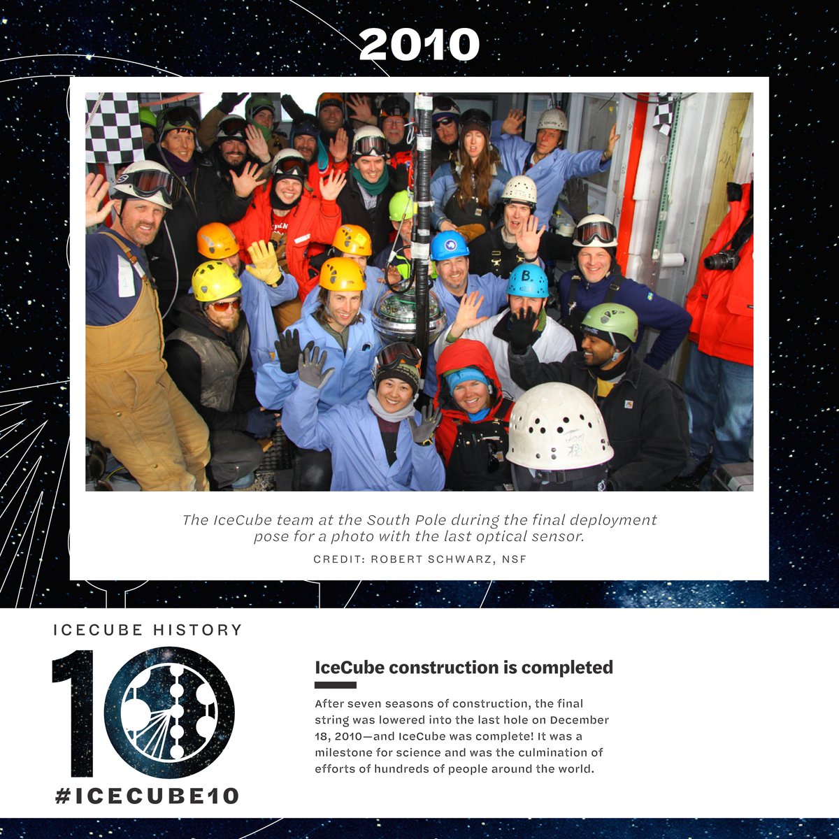 uw_icecube's tweet photo. ๐
A date that many IceCube collaborators remember and celebrate is December 18, 2010: the day the final digital optical module was lowered into the ice and IceCube construction was complete!
See more #IceCubeHistory in our timeline โก https://t.co/Bwf9UH4uOB
#IceCube10 https://t.co/fgw0RDMDPw