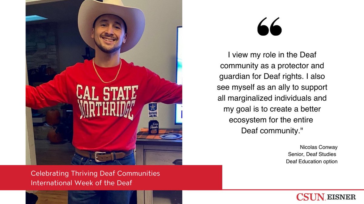EisnerEducation's tweet photo. Sept. 20-26 is International Week of the Deaf People. Learn more about our Thriving Deaf Community by getting to know our student leader Nicolas Conway! https://t.co/IzzO8VzSMe #IWDP #DeafEd #CSUNDeafStudies https://t.co/k471UsGpVM
