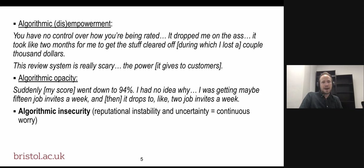 karanovic_j's tweet image. Algorithmic insecurity - workers doing extra work and going out of their way to avoid bad rating. Community is central - they provide trustworthy independent information - is the impression. Great talk by @tom_swing #sms2021 @Strategic_Mgmt