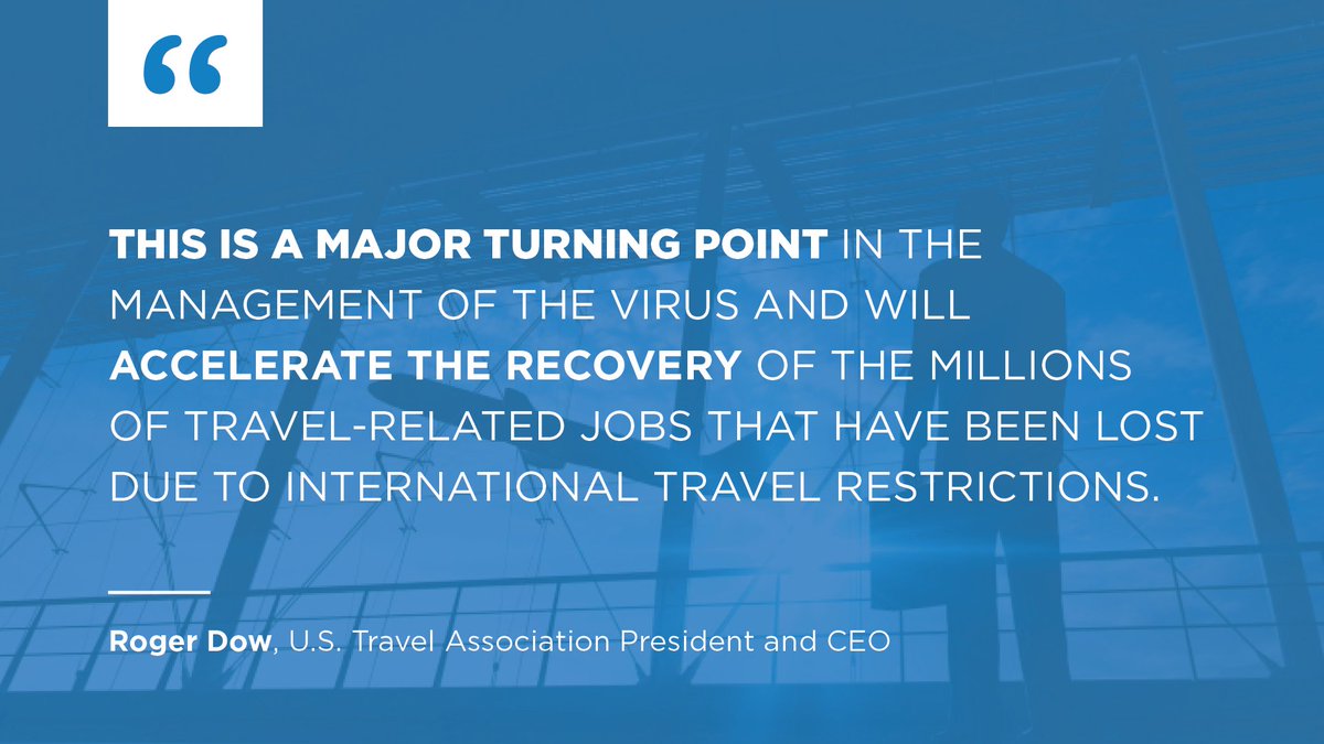 USTravel's tweet photo. BREAKING: @WhiteHouse announced a roadmap to lift restrictions on inbound international air travel for vaccinated individuals. This is welcome news and critical to accelerating the recovery of the American economy and jobs.
https://t.co/CxRN0gUClX https://t.co/RymrHeuZiV