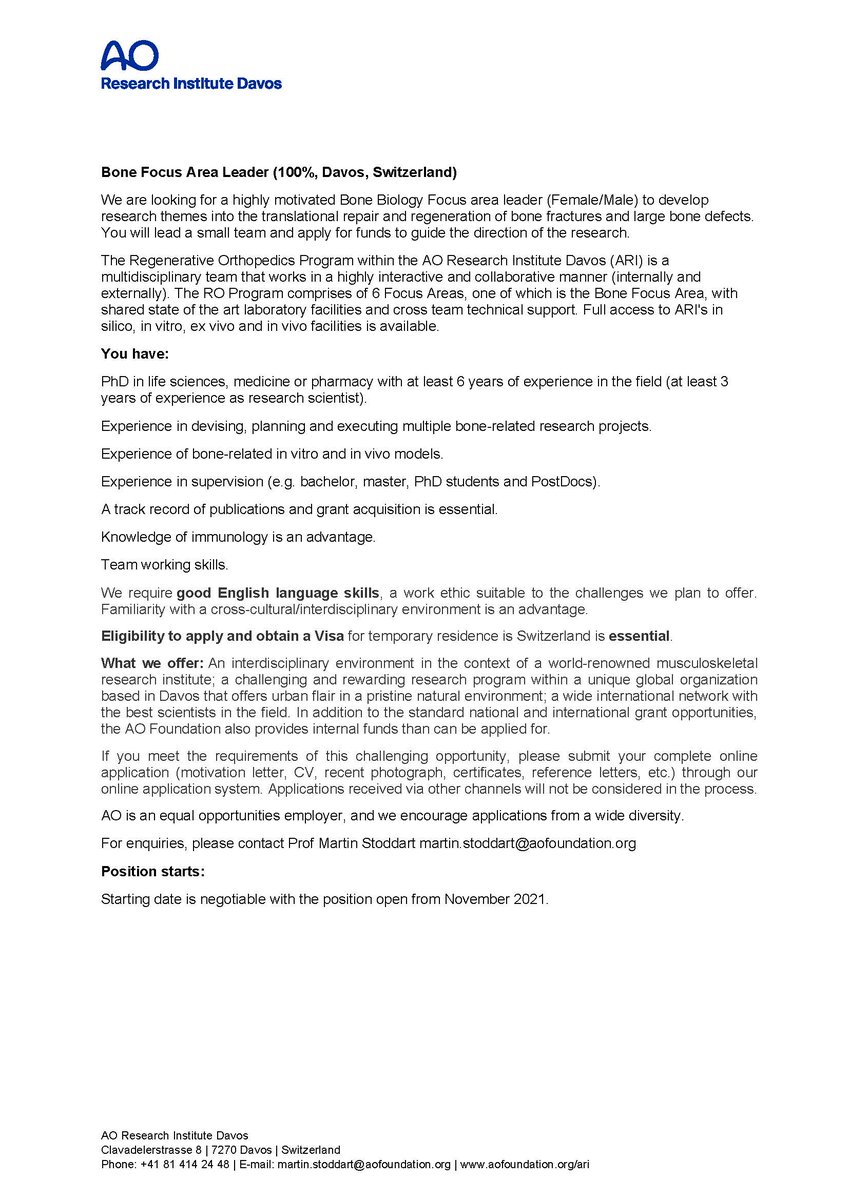 We are Hiring! Want to carry out excellent bone research in the Swiss Alps? AO Research Institute Davos is looking for a new Bone Group Leader. Please Retweet.  <a href="/EORS_Society/">EORS</a> <a href="/EuTermis/">TERMIS-EU</a> <a href="/ORSsociety/">Orthopaedic Research Society</a> <a href="/isfrfractures/">ORS ISFR</a>