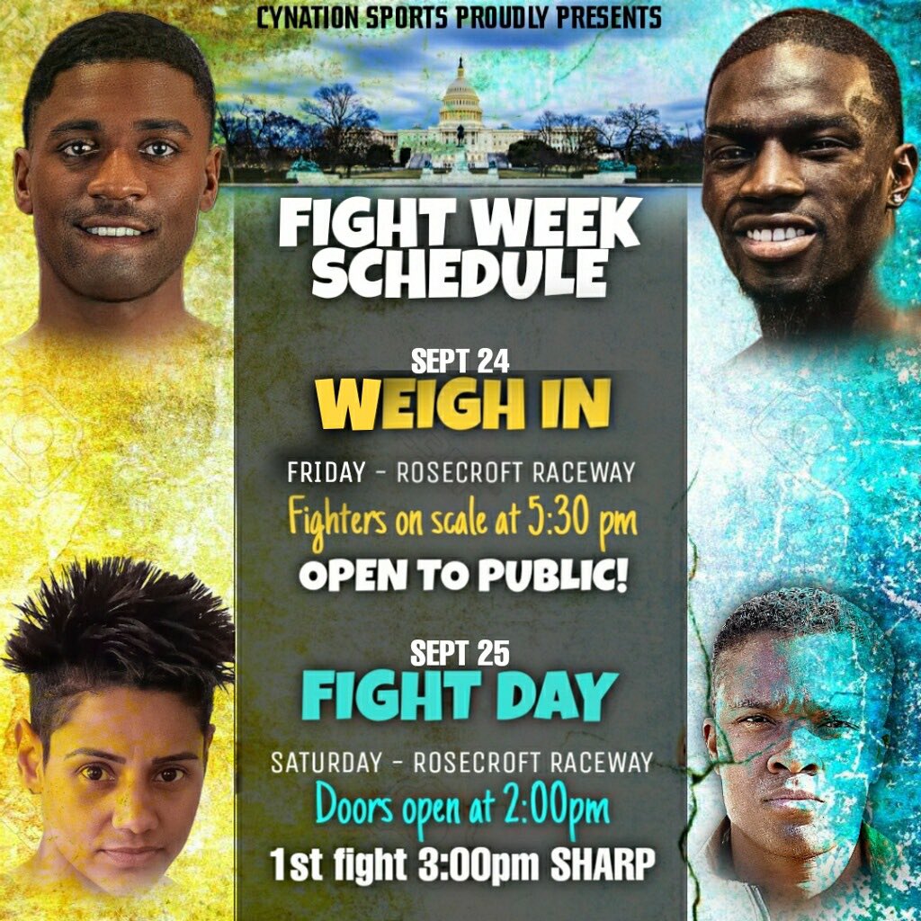 CynationSports's tweet photo. Fight week is here‼️‼️‼️ #cynationsports #back2boxing #DMV #boxing a few general admission tickets left. Link in BIO https://t.co/xdMJrR7sin