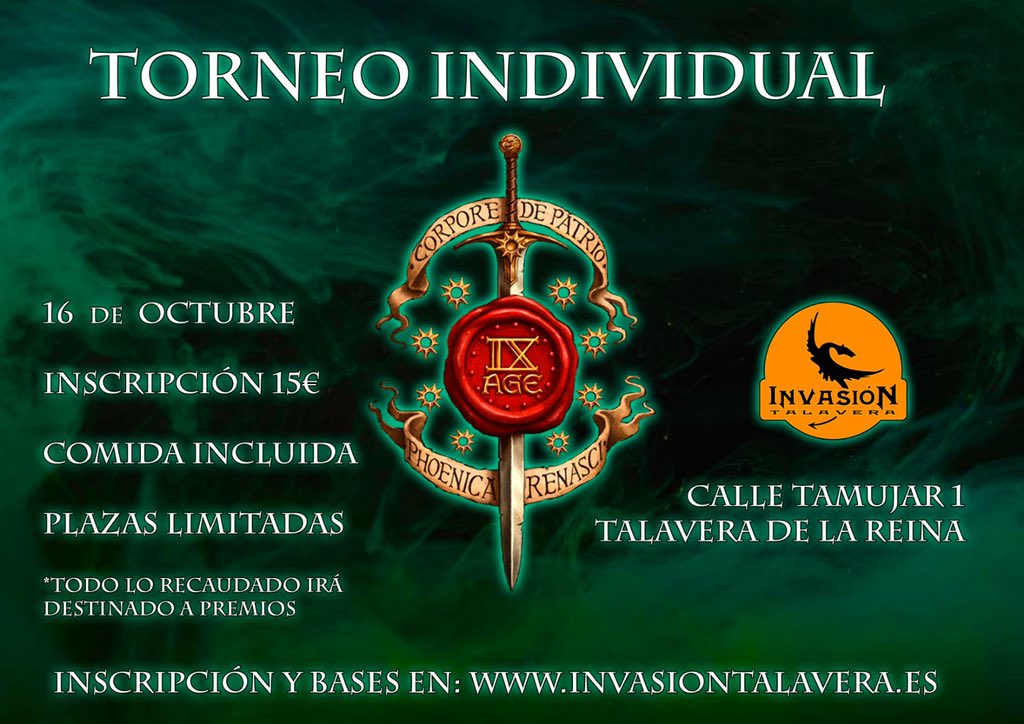 Poco a poco vuelven los torneos. Hoy os presentamos un torneo de Novena Era el próximo 16 de octubre. Inscripciones y bases en invasiontalavera.es/tienda-online/… #9thageespaña #wargames