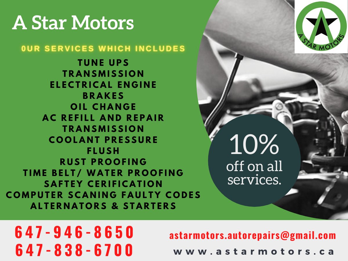 Phone: 647-946-8650, 647-838-6700
Email: astarmotors.autorepairs@gmail.com.
Visit Us: astarmotors.ca
#StarMotors #Motorcars #car #autorepair #shop #autorepair #canadacar #Carrepair #brampton,#sandalwood #oilchange, #Hurontario #tuneups, #Brakes, #transmission #cars