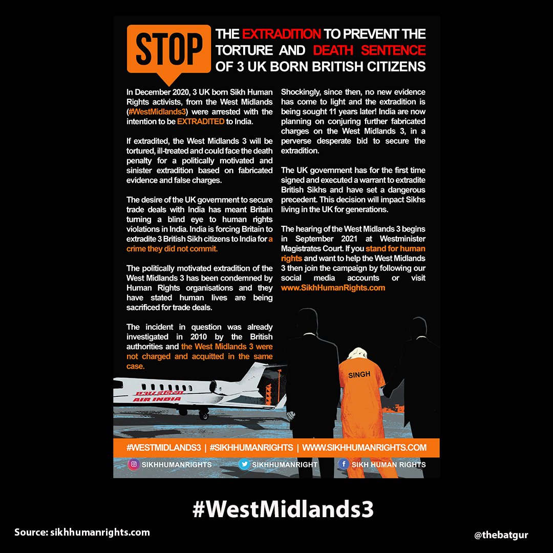 Raise awareness on this extradition based on fabrication and lies. Only 1 day and 17 hours left till Extradition Hearing. Get involved and get active.

Images and content source: sikhhumanrights.com

#WestMidlands3 #StopTheExtradition #SikhHumanRights #Sikhs