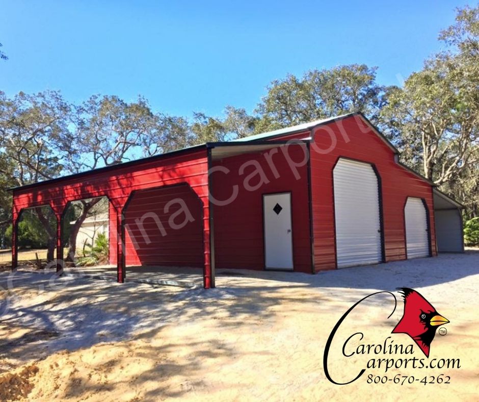 Lean-tos are a great way to add a covered area for storage or entertaining without having to enclose the entire area. #carolinacarports #cci #barn #metalbarn #steelbarn #metalbarns #steelbarns #barnlife #metalbuilding #steelbuilding #metalbuildings #steelbuildings #metal #steel