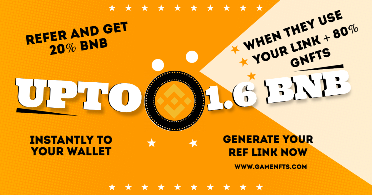 Did you know you can earn up to 1.6 BNB by referring your friends to our airdrop and presale?
Generate your referral on our website and earn 20% BNB + 80% GNFTs if they claim/buy through your link. Eg. You get 0.01 BNB + 120 GNFTs per each claim and buy
gamenfts.net/#presale