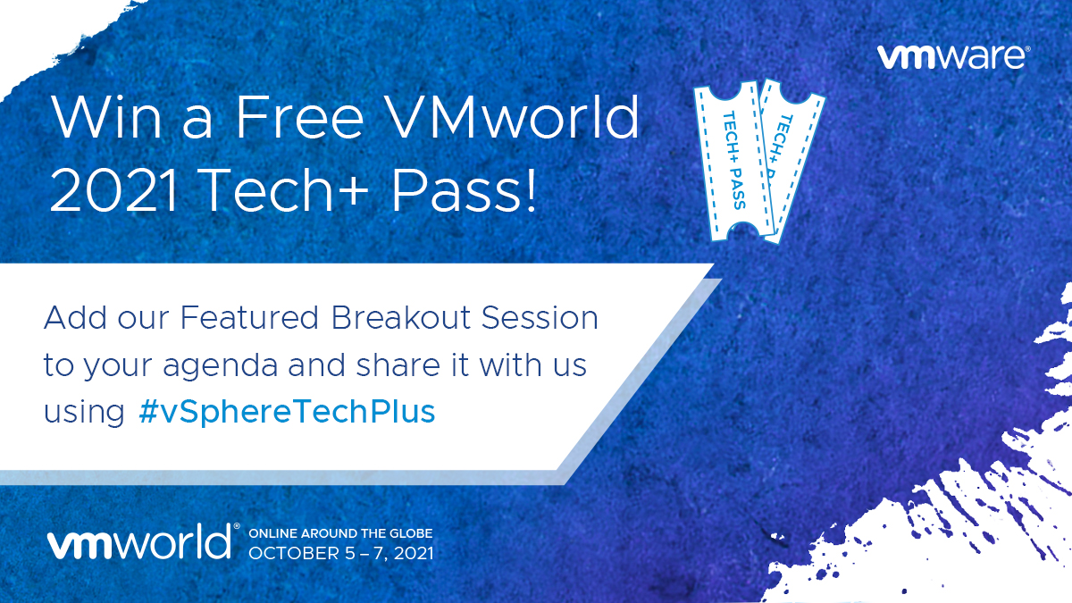 VMwarevSphere's tweet photo. .@VMworld 2021 is almost here &amp; we can hardly contain our excitement! 🤩 To celebrate, we're giving away 2️⃣ FREE Tech+ passes to a few lucky winners.

Want to score? Details here: https://t.co/DS6MSZvfIJ #vSphereTechPlus https://t.co/kaFI0LsOrE