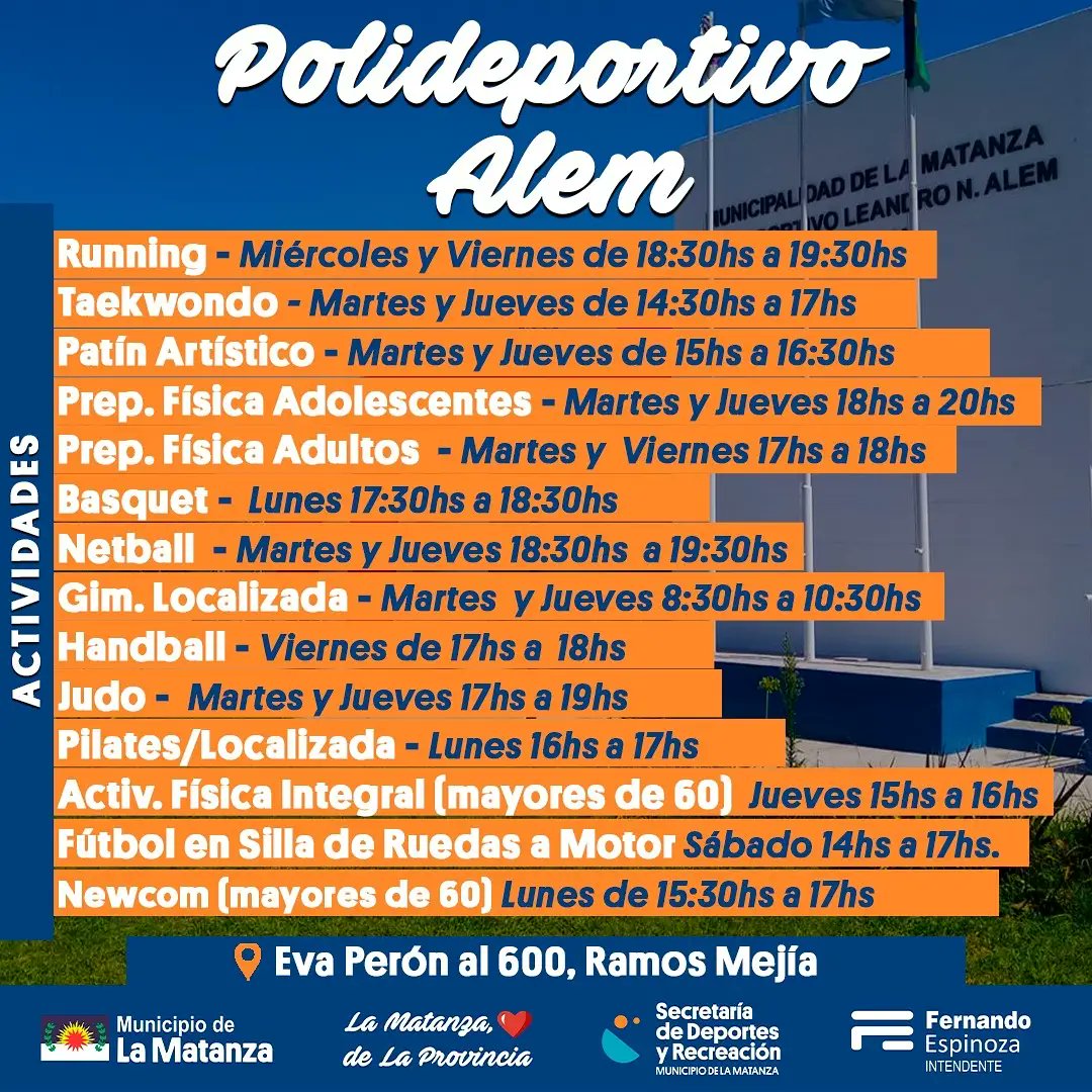 DeporLaMatanza's tweet photo. Te acercamos los horarios de los polideportivos #Manzanares #AteneoDonBosco #Balestrini y #ParqueAlem ‼️

👉🏾 Para solicitar información te esperamos de lunes a viernes de 9:30 a 12 hs.  en el predio o telefónicamente al 4482-3195 en el mismo horario.

🧡💙 https://t.co/eVWSyfaoRU