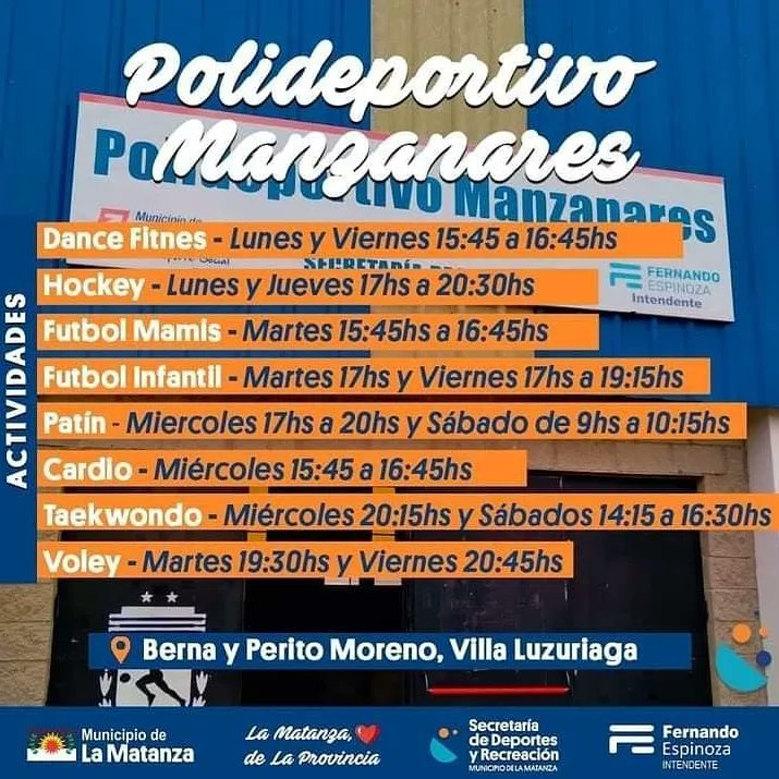 DeporLaMatanza's tweet photo. Te acercamos los horarios de los polideportivos #Manzanares #AteneoDonBosco #Balestrini y #ParqueAlem ‼️

👉🏾 Para solicitar información te esperamos de lunes a viernes de 9:30 a 12 hs.  en el predio o telefónicamente al 4482-3195 en el mismo horario.

🧡💙 https://t.co/eVWSyfaoRU