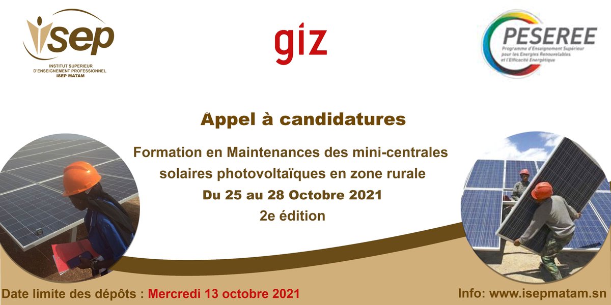 [ #Opportunité ]
APPEL A CANDIDATURES : Formation en maintenance des mini-centrales solaires photovoltaïques en milieu rural destinée aux jeunes électriciens résidant dans la région de #Matam.
Plus d’infos : isepmatam.sn/appel-a-candid…
#Senegal 
#isepmatam
#kebetu