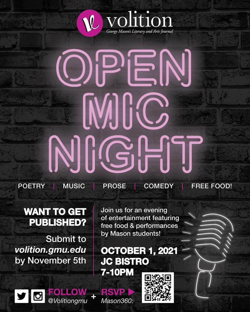 Come listen to awesome poetry, hilarious comedy acts, and amazing music <a href="/VolitionGMU/">Volition</a> 's Open Mic Night! It will be hosted on October 1st in JC Bistro at 7PM. Did we also mention the free food? 👀