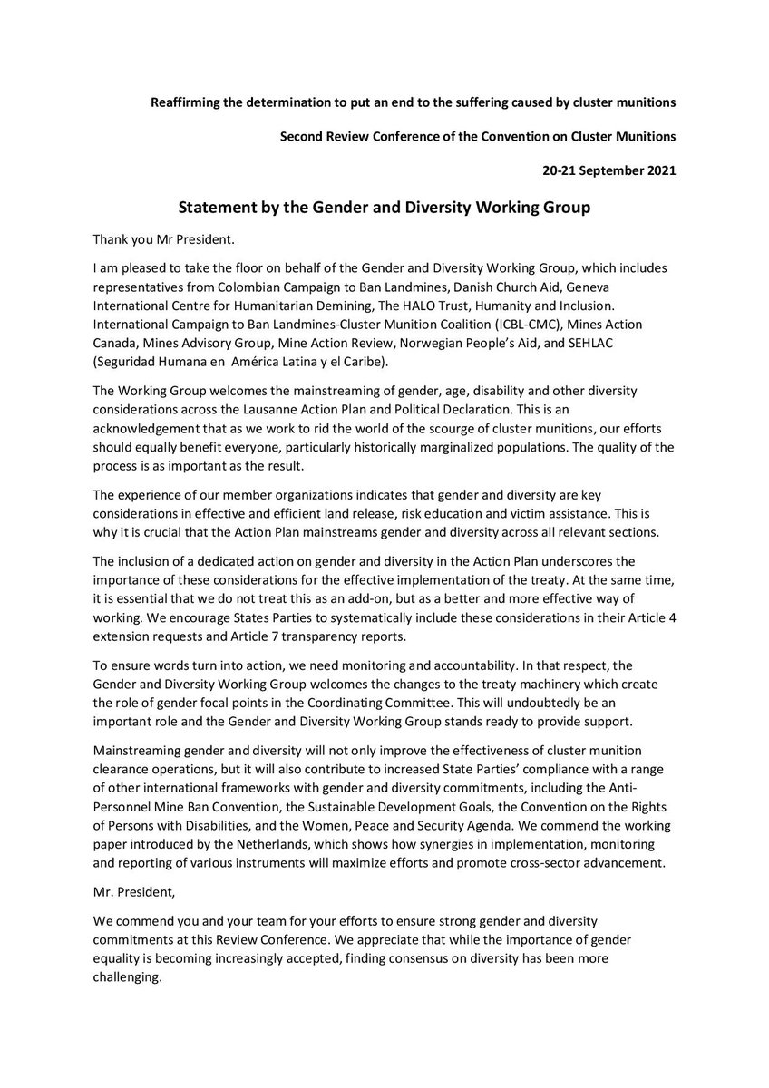 MineActionRev's tweet image. Today at #CCM2RevCon the #Gender &amp;amp; #Diversity working group welcomed the mainstreaming of gender, age, disability &amp;amp; other diversity considerations across the #LausanneActionPlan &amp;amp; stressed the need to include all groups in the implementation of the #ClusterMunition Convention.