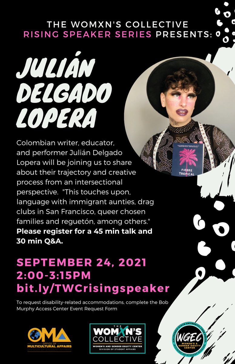 csulbWGEC's tweet photo. Excited to announce of first TWC #RisingSpeaker of the year: Julián Delgado Lopera! Be on the lookout for our #TuesdayTalk to learn all about them! We know they will bring a powerful conversation and passion to our campus.🔗LINK IN BIO to register🔗
#csulb #wgec #TWC #csulbwgec https://t.co/C1vgj2SDJP