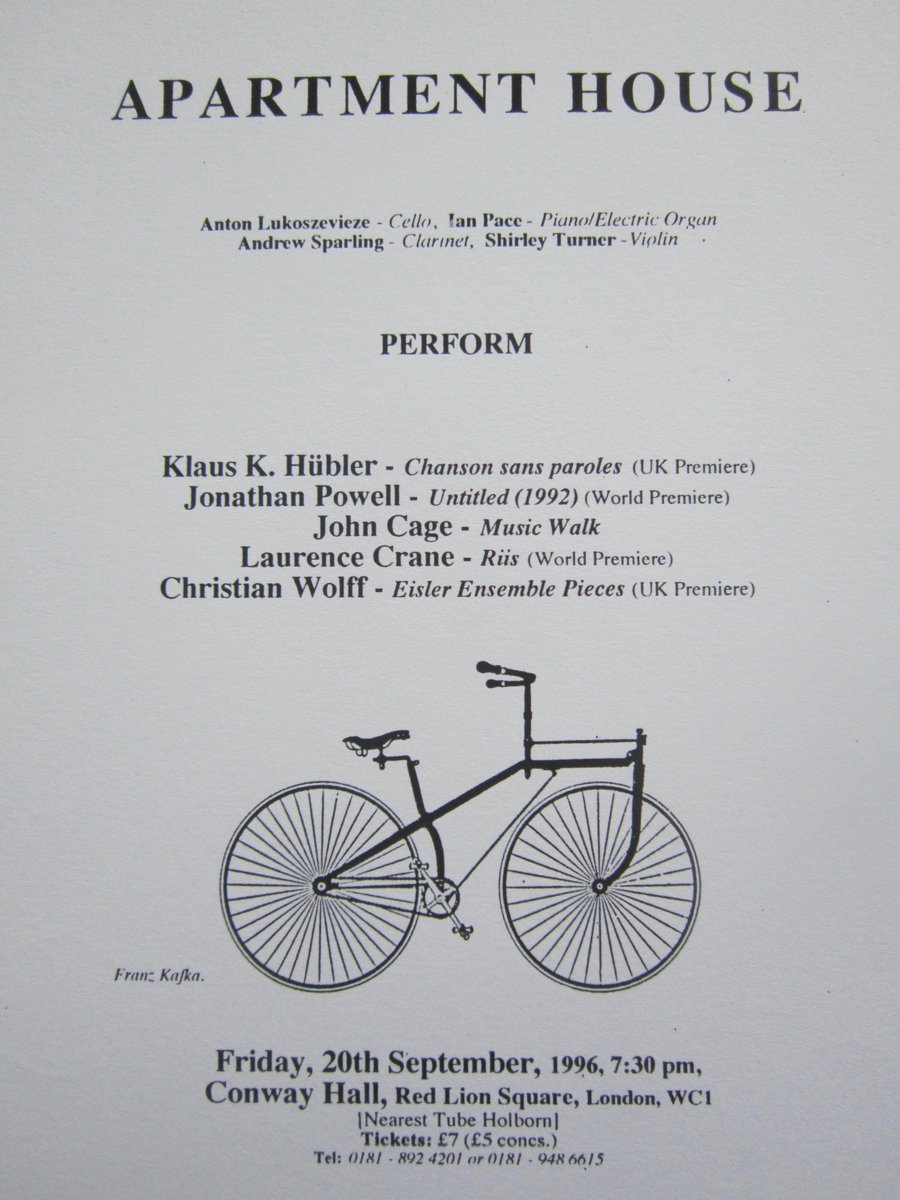 Laurence Crane (@crane1l) on Twitter photo I first worked with <a href="/house_apartment/">Apartment House</a> in June 1996, when they played my ‘Five Preludes’ in a concert at the October Gallery in London.
I composed ‘Riis’ for the ensemble that summer and it was first performed 25 years ago today. I first worked with <a href="/house_apartment/">Apartment House</a> in June 1996, when they played my ‘Five Preludes’ in a concert at the October Gallery in London.
I composed ‘Riis’ for the ensemble that summer and it was first performed 25 years ago today.