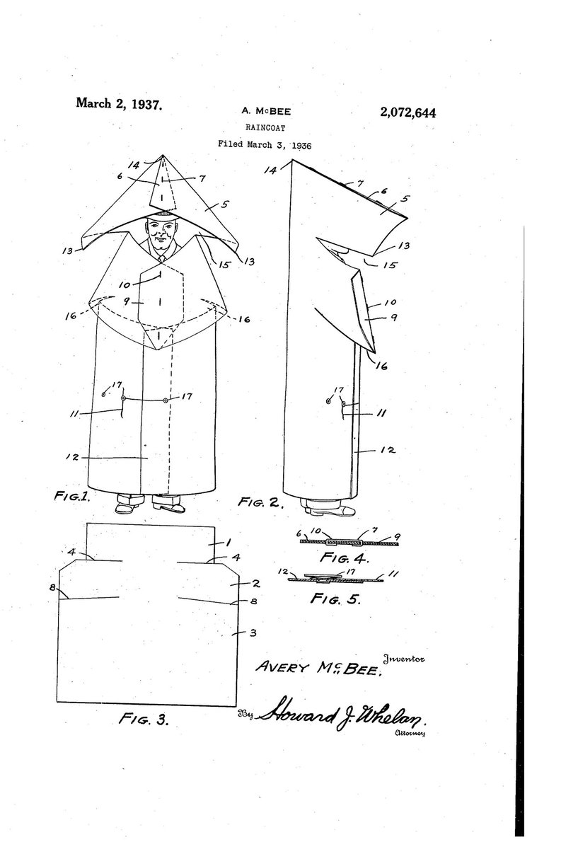 ChewytheSeal's tweet image. RAINCOAT - US2072644A
Inventor - Avery Mcbee
Granted in 1937

#TeamSeal #practicalpatent or #rockettothemoon

@ExplodingPossum @JillLum1 @Pixieprogrammer @gypsea1997 @BrazilBonny @chirpykittys @fred7722 @SilentHeadbang1