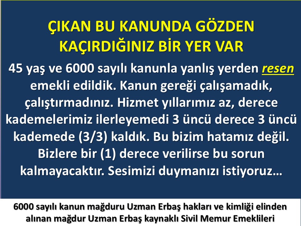 <a href="/brahimA56627163/">İbrahim Akduman</a> <a href="/brahim65226653/">İbrahim (42)</a> <a href="/MuratNR3/">Murat ÖNÜR</a> <a href="/tcbestepe/">T.C. Cumhurbaşkanlığı</a> <a href="/RTErdogan/">Recep Tayyip Erdoğan</a> <a href="/tcsavunma/">T.C. Millî Savunma Bakanlığı</a> <a href="/MustafaSentop/">Mustafa Şentop</a> <a href="/nacibostanci/">M. Naci Bostancı</a> <a href="/mehmedmus/">Dr. Mehmet Muş</a> <a href="/turanbulent/">Bülent TURAN</a> <a href="/AvOzlemZengin/">Av. Özlem Zengin 🇹🇷</a> <a href="/akbasogluemin/">Av. M.Emin AKBAŞOĞLU 🇹🇷</a> <a href="/avcahitozkan/">Cahit ÖZKAN</a> <a href="/Akparti/">AK Parti</a> @Belmasatir <a href="/omerrcelik/">Ömer Çelik</a> <a href="/BY/">Binali Yıldırım</a> <a href="/TSKGnkur/">TSK</a> <a href="/tbmmakpartigrup/">TBMM AK Parti Grup</a> <a href="/TBMMresmi/">TBMM</a> <a href="/kayaismail80/">İSMAiL KAYA 🇹🇷</a> <a href="/suleymansoylu/">Süleyman Soylu</a> <a href="/bybekirbozdag/">Bekir  Bozdağ</a> @yilmaz_ismet58 <a href="/UlviYonter/">Dr.İzzet Ulvi YÖNTER</a> Sayın Cumhurbaşkanım.
<a href="/RTErdogan/">Recep Tayyip Erdoğan</a>.
3.derece,3. kademede kalan uzman çavuşlar hala magdur.45 yaş 6000 sayılı kanunla Çalıştırılmadık/Çalışamadık hizmet yıllarımızın azlıgı nedeniyle derece/kademelerimiz ilerleyemedi.2021 yılında çıkarılan 7281 sayılı kanun magduriyetimizi gidermedi