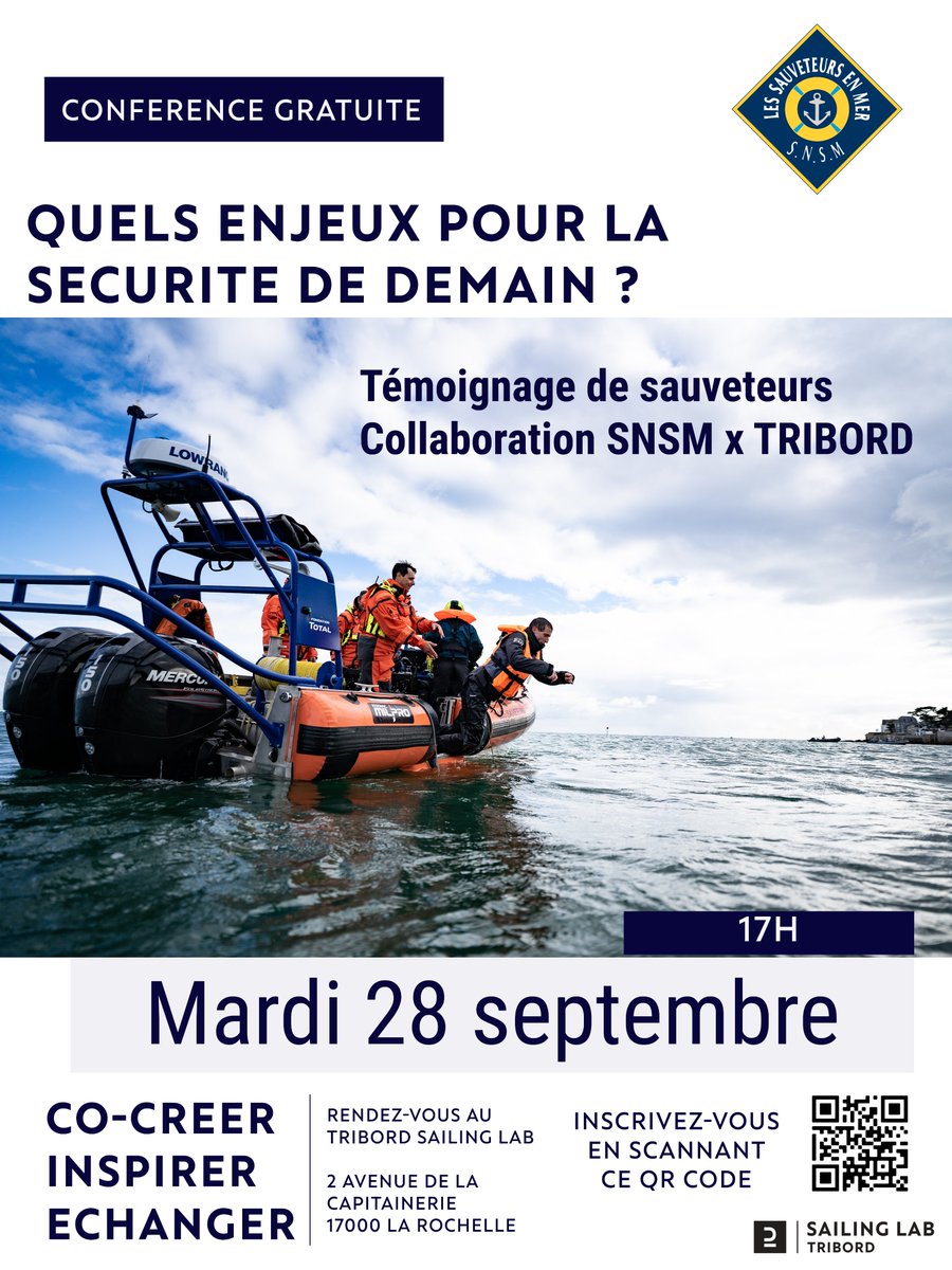 📍 RDV mardi 28/09 pour une conférence au Tribord Sailing Lab à #LaRochelle 👉🏻 #SauveteursenMer #SNSM x @Tribord_Sailing, 'quels enjeux pour la sécurité de demain ?' 🤔 Un sauveteur prendra également la parole pour raconter un #sauvetage 👤 Inscriptions 👉🏻 bit.ly/3tXSCIV