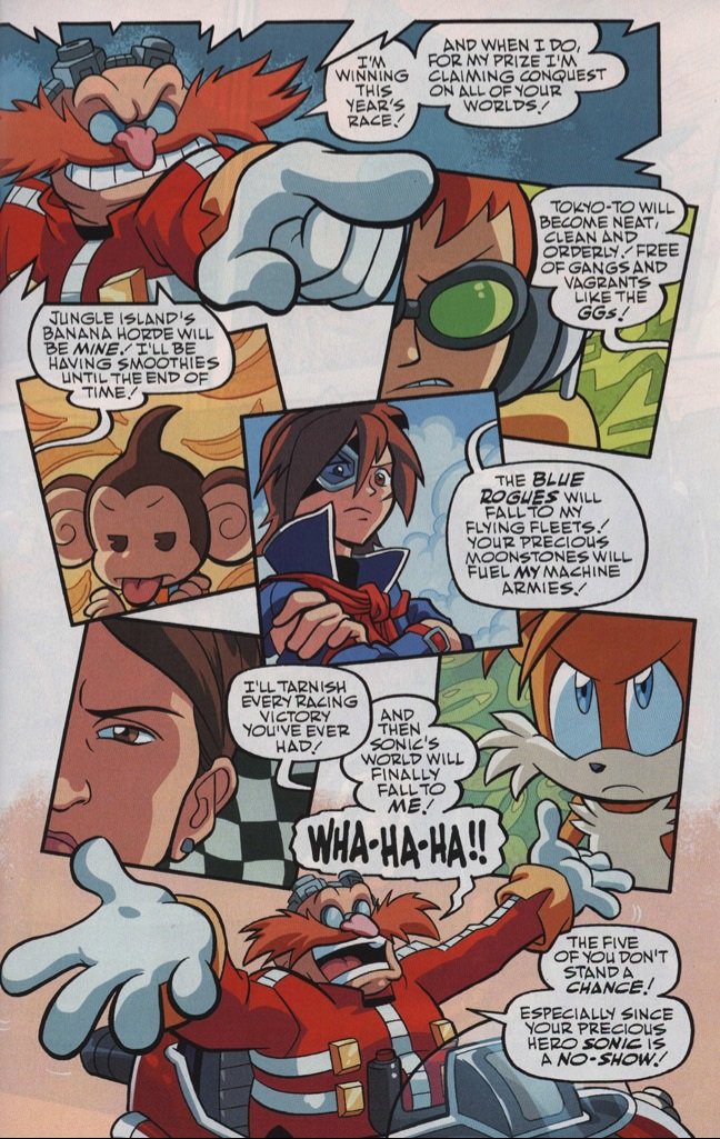 In the Sonic & All-Stars: Transformed tie-in comic (Sonic Universe #45), Danica Patrick hears threats of interdimensional terrorism by Eggman, yet only takes offense when her racing career is on the line. 