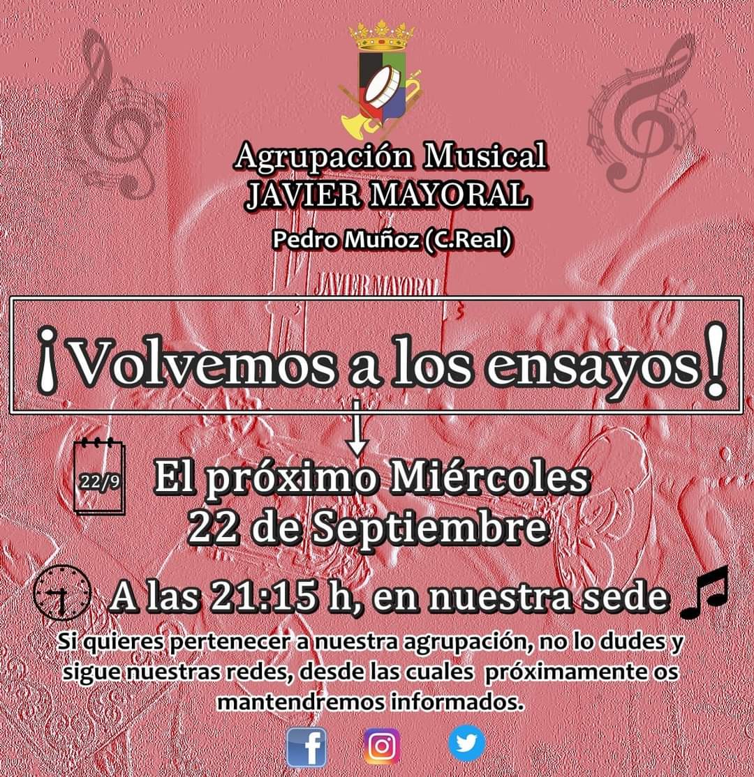 MayoralCcytt's tweet photo. Tras los enormes parones sufridos por la pandemia del COVID-19 , y el descanso estival, volvemos a retomar los ensayos de cara a afrontar una temporada marcada por la esperanza e ilusión.
Y lo hacemos desde:
📆 Este miércoles día 22 de Septiembre .
🕘 A las 21:15 h. https://t.co/i8oJDmHIWn
