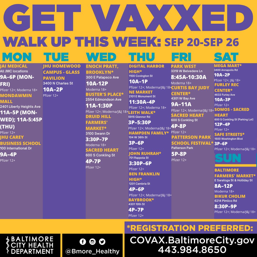 BMore_Healthy's tweet photo. It’s a good week to get vaxxed.

Access the full schedule at https://t.co/nlXHrDrAau

Register at https://t.co/S8vddiR44T or call 443-984-8650.

#BaltimoreHealthDepartment #BaltHealthDept #HealthyBaltimore #BmoreHealthy #BALTIMOREvsCOVID https://t.co/XLUpAImbsB