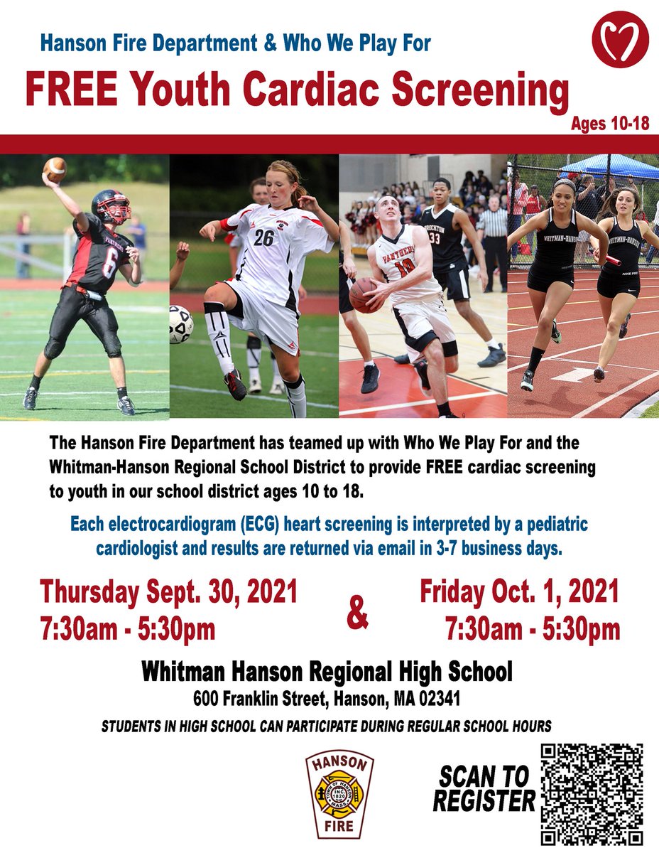 Hanson Fire Dept and Who We Play For have teamed up with Whitman Hanson School District to provide FREE cardiac screenings to the youth in our school district ages 10 to 18.

Please sign up this week: whoweplayfor.org/heart-screenin…

*Students in high school can go during school hours