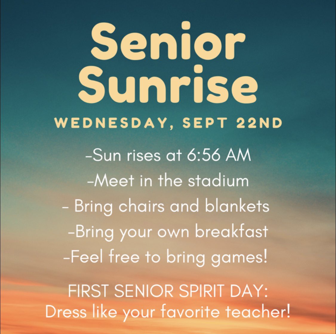 wlhs22's tweet photo. Updated Senior Sunrise! Due to safety we have to be in the stadium. Feel free to bring your own chair, blankets, and food to hang out with friends and watch the sun rise! Plan to get there around 6:30!! https://t.co/ugtp6GeceT