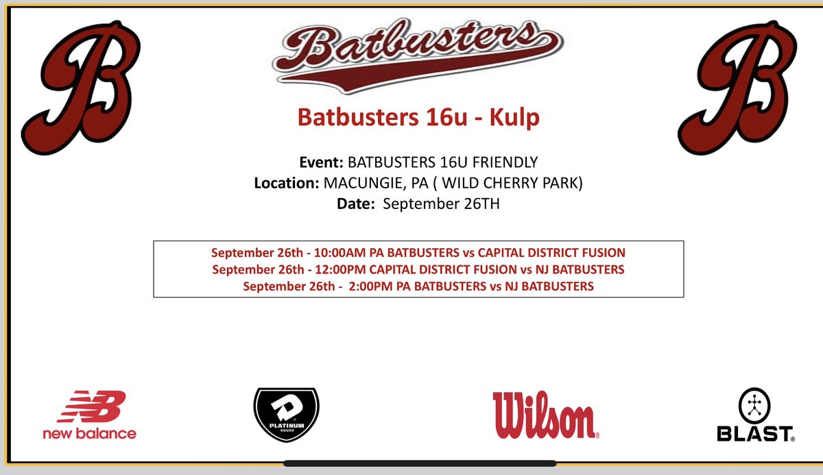 BatbustersKulp's tweet photo. Batbusters 16U Friendly this Saturday! ⁦@JuniataEagles⁩ ⁦@DelValSB⁩ ⁦@rosemontsb⁩ ⁦@FandMSoftball⁩ ⁦@MisericordiaSB⁩ ⁦@VernSoftball⁩ ⁦@VilleSoftball⁩ ⁦@UrsinusSball⁩ https://t.co/uMZq14ifxK