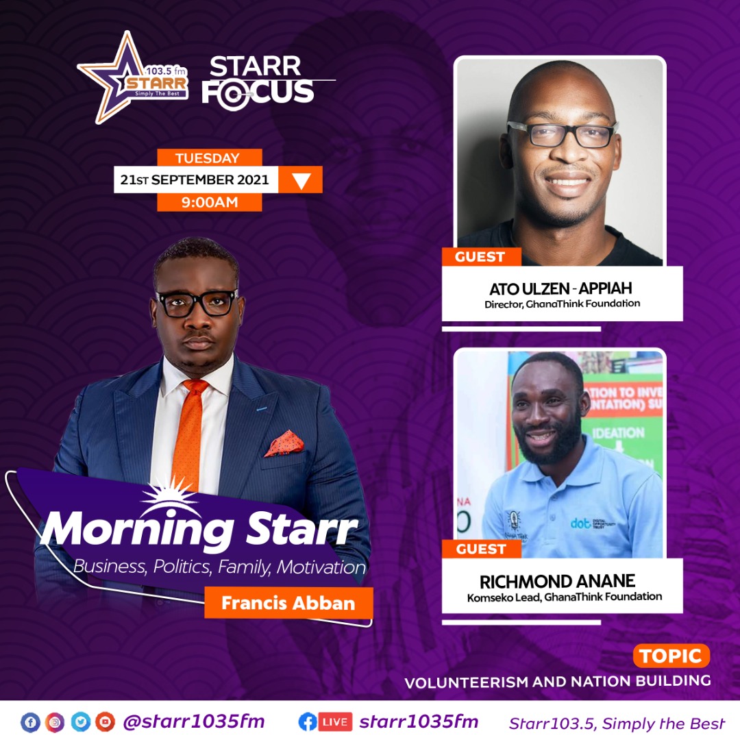 Join our #Komseko lead Richmond Anane @richnane & @GhanaThink lead Ato Ulzen-Appiah @Abocco on the #MorningStarr as we discuss volunteerism & nation building, on #NVDay21. @francis_abban hosts on @Starr1035Fm.

#NVDay