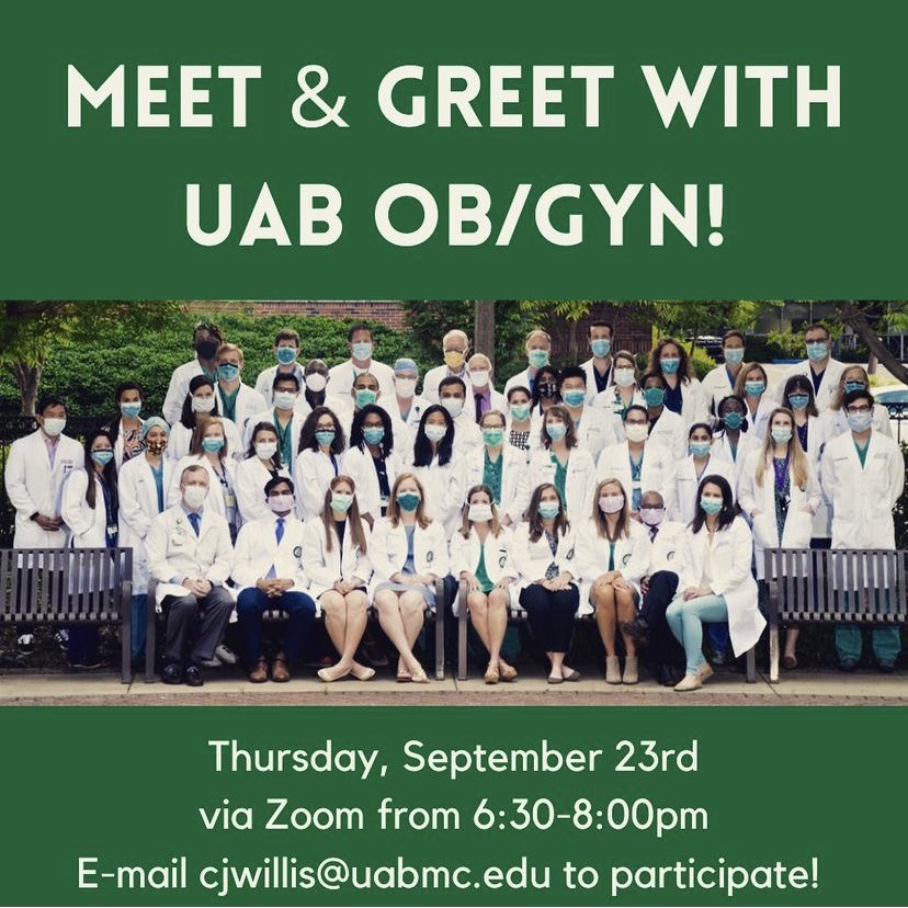 Calling all applicants‼️

We want to meet you and answer your questions before ERAS is due! Interested in a virtual meet &amp; greet with some of our #residents? Email Christy at cjwillis@uabmc@edu!

Reach out soon- we are capping around 25! 
#obgyntwitter #residency #womenshealth