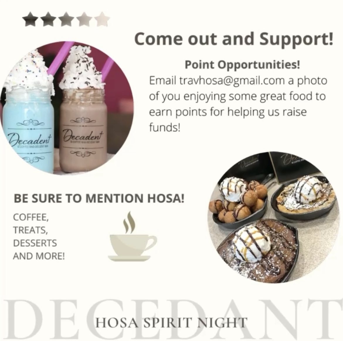THS Hosa would like to announce that we will be having a spirit night tomorrow, September 21st, at Decadent Coffee and Desserts from 2:45-8pm. Make sure come out and support! 4828 Waterview Town Center Dr
Richmond, TX  77407
United States #TigerPride365 <a href="/THS_Tigers/">Travis High School</a> <a href="/FortBendISD/">Fort Bend ISD</a>