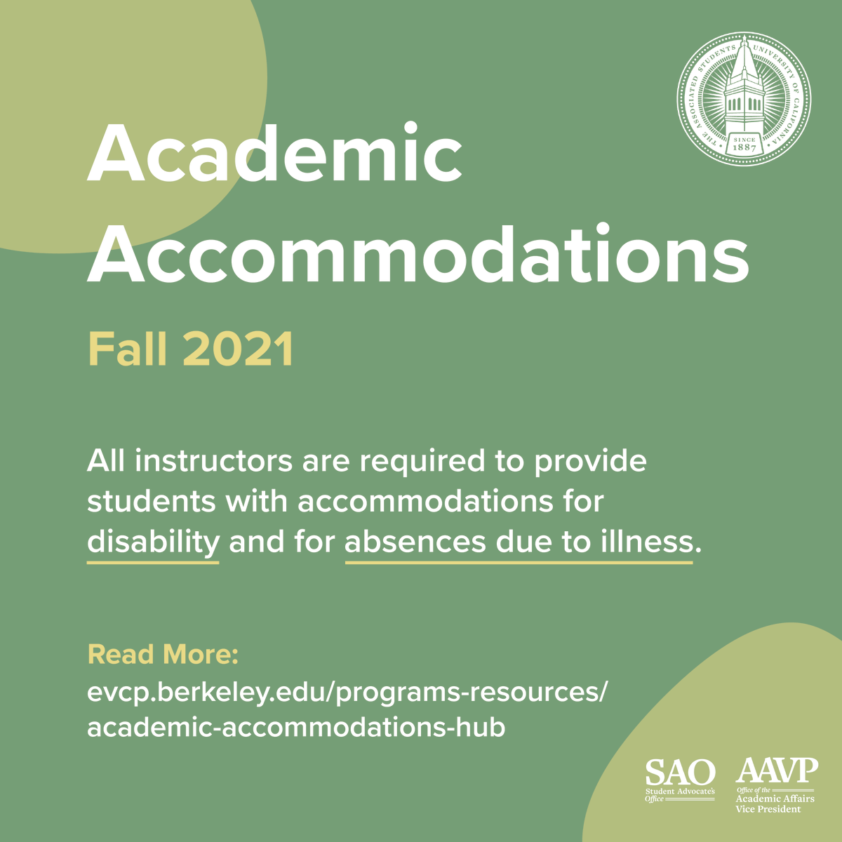 ASUCAAVP's tweet photo. As a student, you're entitled to academic accommodations if you have a disability or are absent from class due to illness. Learn more at https://t.co/4wONw5oRDA https://t.co/EivVwjO9oa