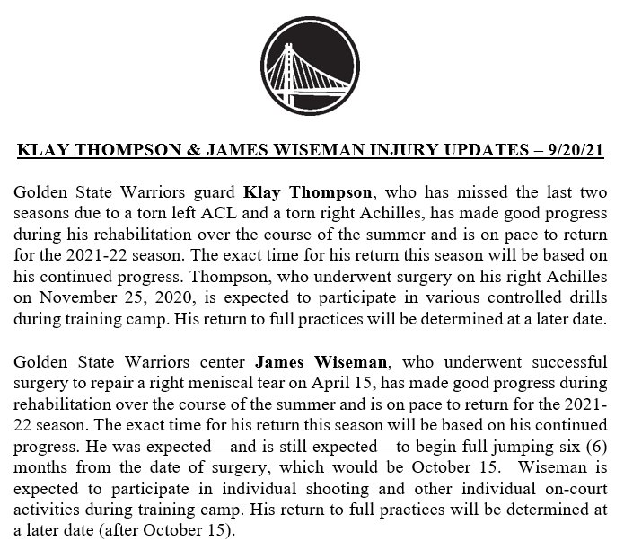 [情報] 勇士隊 Klay Thompson, James Wiseman 傷後恢復進度