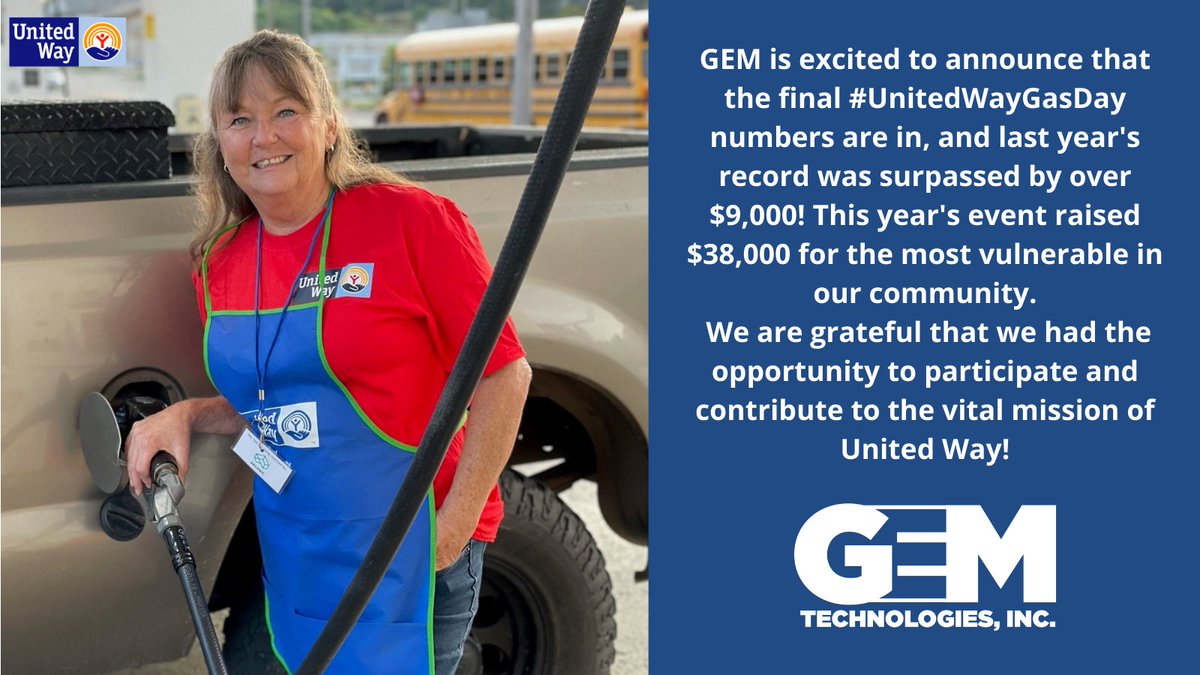 GEM Technologies, Inc. (@gem_techinc) on Twitter photo GEM is excited to announce that this year's #UnitedWayGasDay raised over $38,000! We are grateful that we had the opportunity to participate and contribute to the vital mission of United Way! <a href="/UnitedWayBlount/">United Way Blount Co</a> GEM is excited to announce that this year's #UnitedWayGasDay raised over $38,000! We are grateful that we had the opportunity to participate and contribute to the vital mission of United Way! <a href="/UnitedWayBlount/">United Way Blount Co</a>