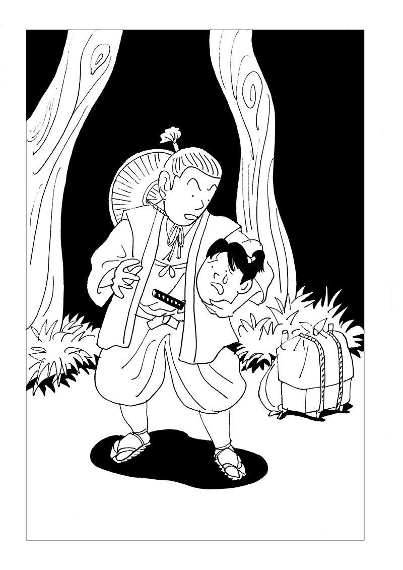首だけになった若侍と話す男 