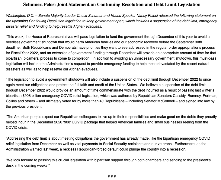 JenniferShutt's tweet photo. Pelosi and Schumer announce a debt limit suspension through December 2022 will go on the temporary government funding bill that must clear Congress before Oct. 1 to avoid a government shutdown. https://t.co/OqOibDxGmo
