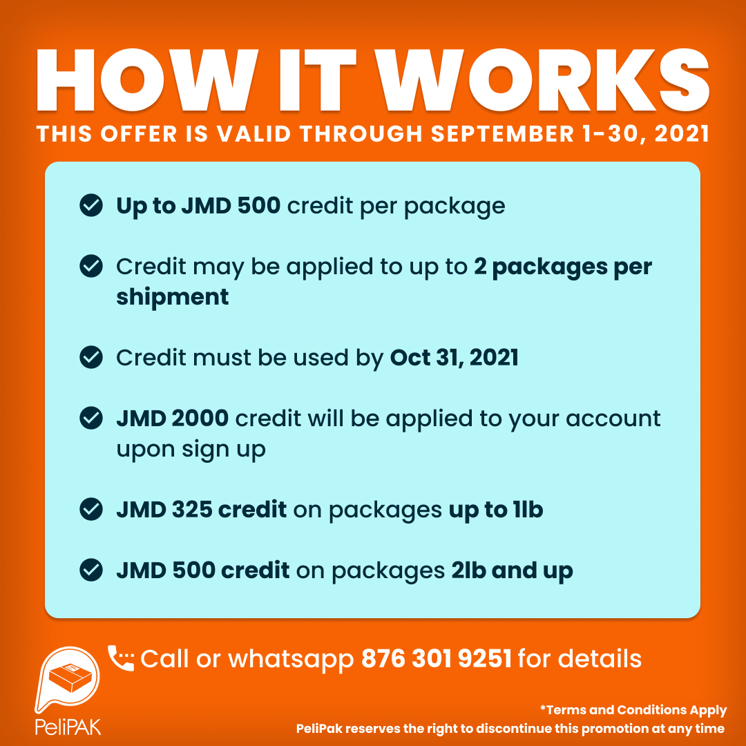 mypelipak's tweet photo. Sign Up and get J$2000 credit towards your packages. Signup is free at https://t.co/khOqzw488m

Conditions apply.

#pelipak
#courierjamaica
#shiptojamaica
#onlineshoppingjamaica
#onlineshopping
#shippingcompanyjamaica
#jamaicanshippingcompany https://t.co/Rg1kcu3OGC