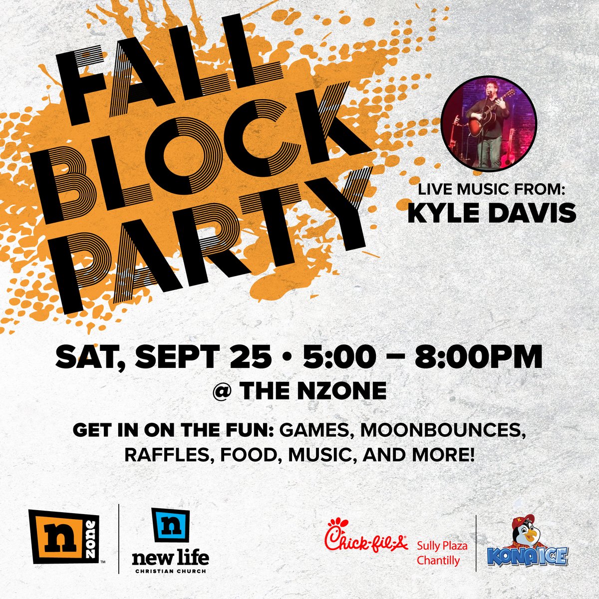 Grab the family SATURDAY from 5PM-8PM and invite your friends to the Fall Block Party at the nZone! There will be live music and games for everyone. Chick-fil-A and Kona Ice will be there with food items for purchase.