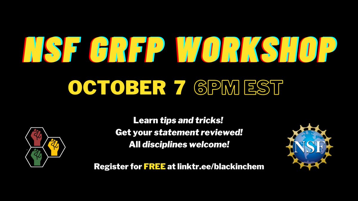 BlackInChem (@blackinchem) on Twitter photo Are you planning on applying to the
<a href="/NSF/">U.S. National Science Foundation</a> Graduate Research Fellowship Program? #BlackInChem is hosting a workshop just for you!
RSVP at linktr.ee/blackinchem Are you planning on applying to the
<a href="/NSF/">U.S. National Science Foundation</a> Graduate Research Fellowship Program? #BlackInChem is hosting a workshop just for you!
RSVP at linktr.ee/blackinchem