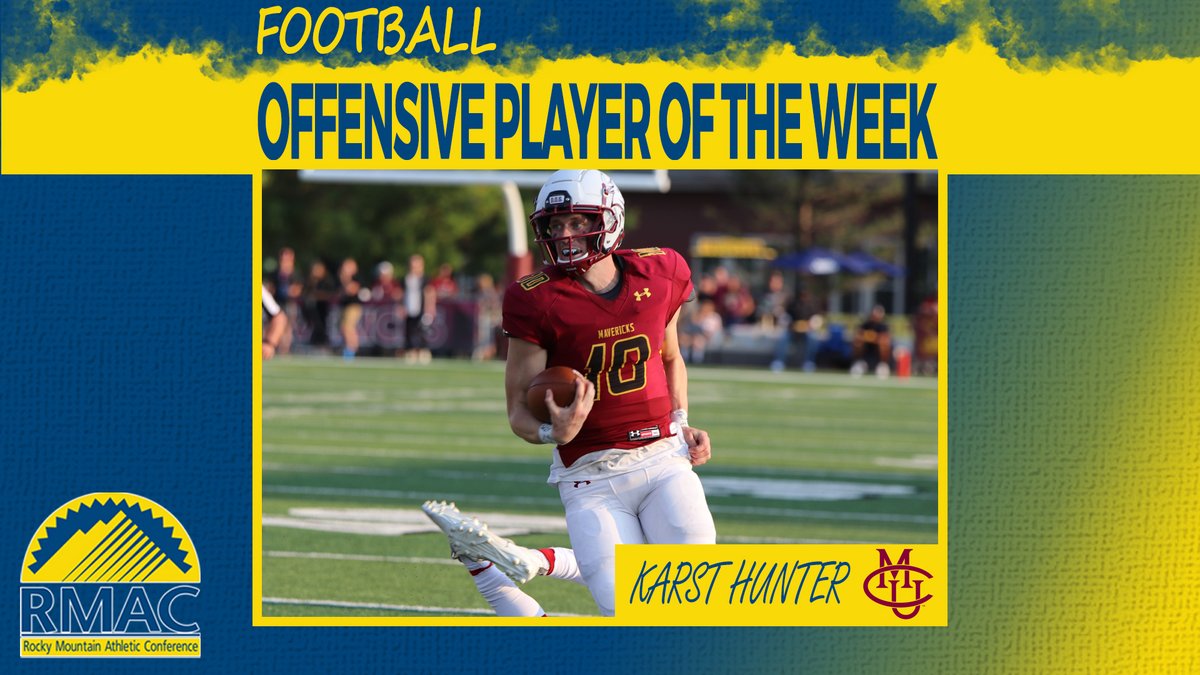 RMAC Sports (@rmac_sports) on Twitter photo Karst Hunter was on a mission this weekend, throwing for 3⃣ TDs and rushing for 2⃣ more in the Mavericks' win. No brainer, right? He's your #RMACfb Offensive Player of the Week!
📰 - bit.ly/3kpWbEC
#RumbleMavs | #EverythingElevated Karst Hunter was on a mission this weekend, throwing for 3⃣ TDs and rushing for 2⃣ more in the Mavericks' win. No brainer, right? He's your #RMACfb Offensive Player of the Week!
📰 - bit.ly/3kpWbEC
#RumbleMavs | #EverythingElevated