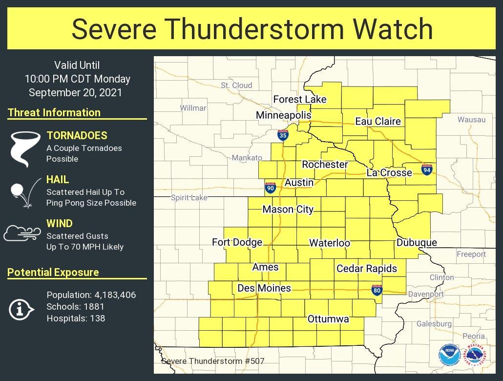 NWSSevereTstorm's tweet photo. A severe thunderstorm watch has been issued for parts of Iowa, Minnesota and Wisconsin until 10 PM CDT https://t.co/ena0Ed803V