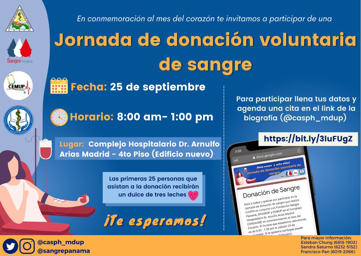 CASPH_MDUP's tweet photo. En conmemoración al mes del corazón CASPH junto con la Fundación Sangre Panamá, CEMUP y AFIAMUP los invitamos a una Jornada de donación voluntaria de  sangre 🩸  el día sábado 25 de septiembre.

📌 Para participar llena tus datos y agenda tu cita aquí: 
https://t.co/WThoWYP5LN https://t.co/xtu85aNUMu