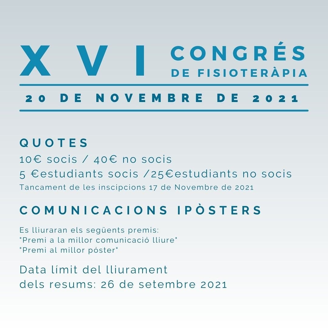 📢Aquest 20 de novembre no et perdis el XVI Congrés de la Societat Catalanobalear de Fisioteràpia. Format on-line

❗Inscripcions obertes a la nostra web❗

Encara ets a temps d'enviar el resum de la teva comunicació o pòster. Recorda que hi ha premis!!!🏆

Programa⤵️