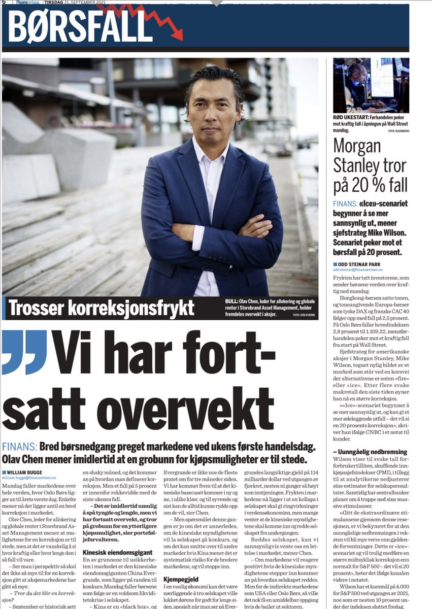 olavchen's tweet photo. Finansavisen papir imorgen #Evergrande #overvekt #OSEBX men #normalvekt globale- og EM- #aksjer https://t.co/C9oiCDwbCu