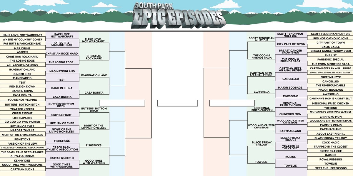 Welcome to Round 3 of the South Park Epic Episodes tournament! We've tallied up the votes across Twitter, Instagram, Facebook, and YouTube to bring you the 16 episodes that will move on to compete. Vote for your favorite episodes on our timeline every weekday. 