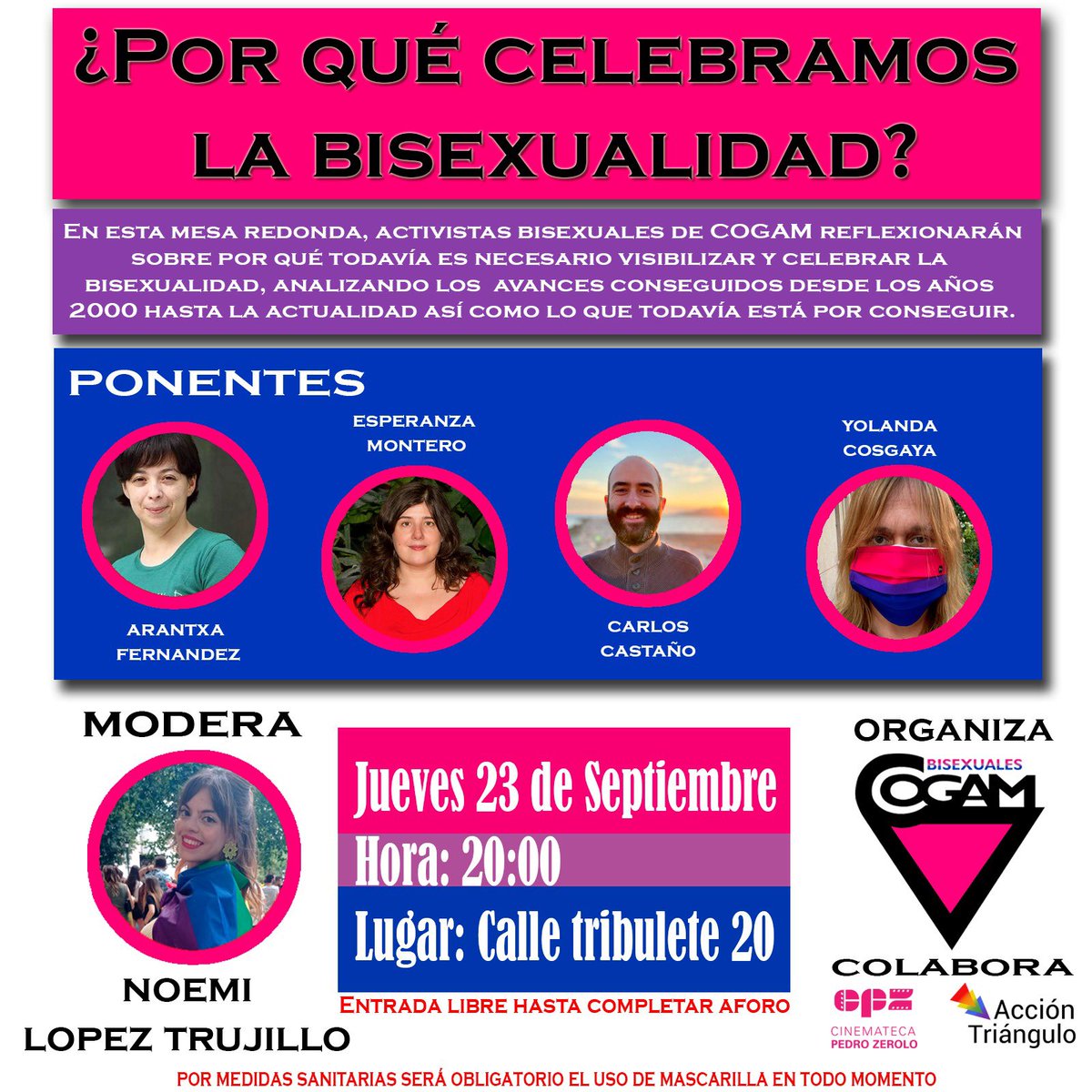 Esta semana celebramos la #VisibilidadBisexual y desde <a href="/Bi_COGAM/">Bisexuales COGAM</a> nos contarán que avances se han conseguido los últimos 20 años y porqué es importante visibilizar la B no solo en 23S, sino todos los días del año, todo ello con una maravillosa <a href="/nlopeztrujillo/">Noemí López Trujillo</a> de conductora