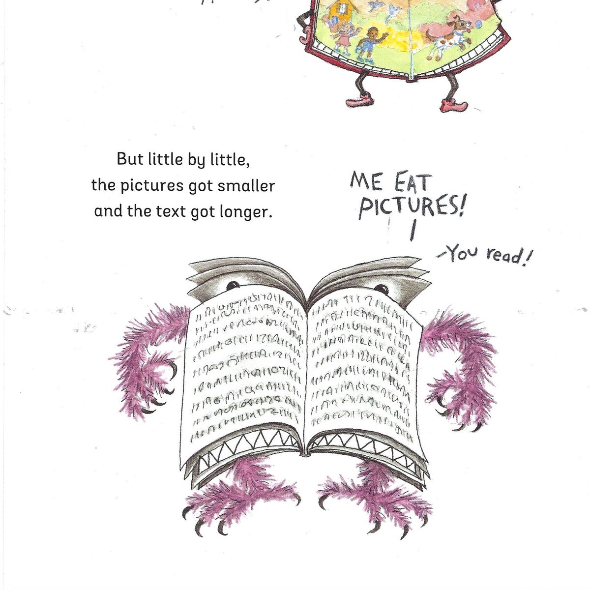 From A WALK IN THE WORDS, my new book about being a slow reader. I loved books until they took away all the pictures. Then they looked like this! #dyslexia, #readingteachers,#Bookpagereview