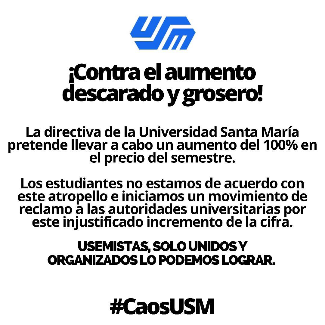 #20Sept | Los estudiantes de la Universidad Santa María (<a href="/usm_vzla/">Universidad Santa María</a>) emiten un comunicado y exigen respuestas de las autoridades por el aumento significativo de la unidad de crédito del venidero semestre.

Además, señalan esto como un “atropello a la educación”.

#CaosUSM