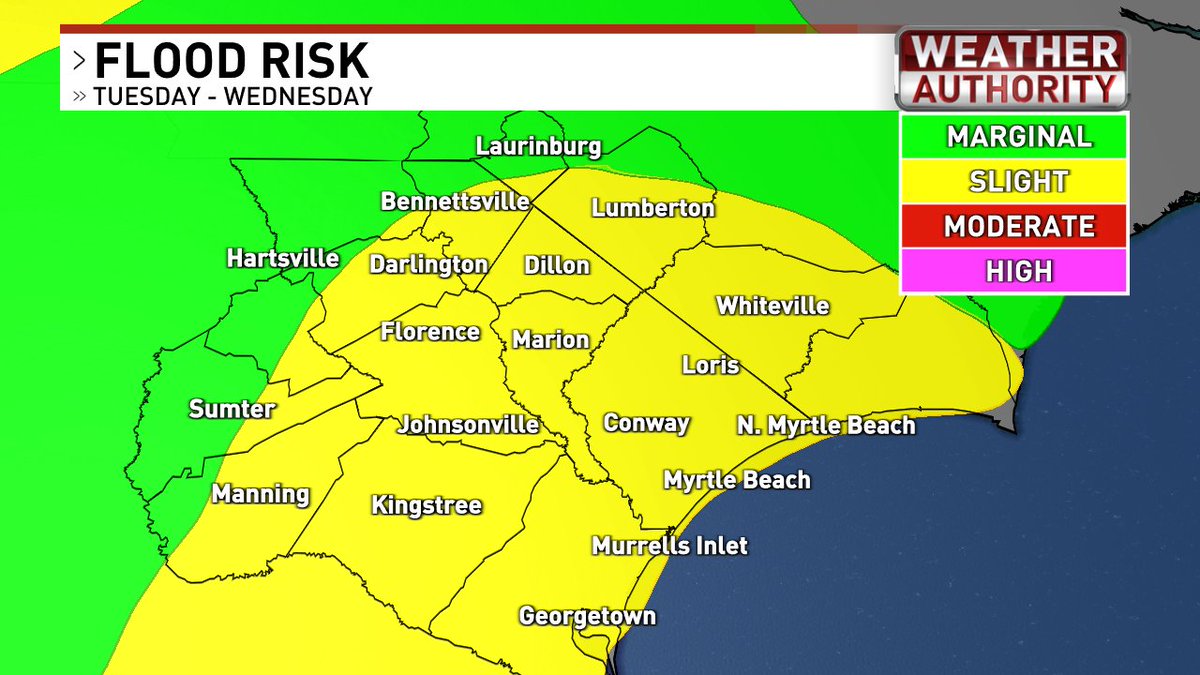 Stalled front, an onshore flow and tropical moisture will lead to rounds of heavy rain over the next 2 days (especially Tuesday). 2-4" of rain looks likely for many. Isolated amounts near 5" possible. Some minor flooding will be possible in streets and low lying areas #scwx #ncwx