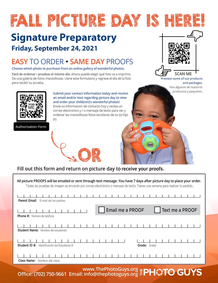 📸😀 Fall Photos this Friday

The goal is to take all pictures before recess so our students remain clean and with hair in place.

Please send filled out form with your child on Friday.

All students will be photographed.